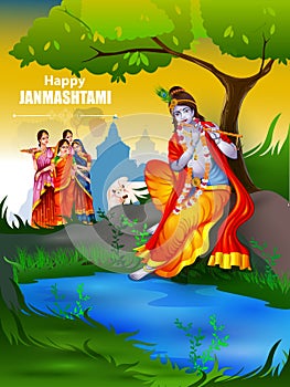 Lord Krishna and Radha on Happy Janmashtami background