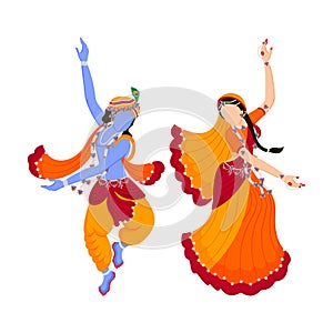 Lord Krishna and radha rani dancing  rasleela with each other full of joy and love. God of love. Illustration of janmashtami and photo