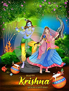 Lord Krishna and Radha in religious festival background of India Shri Krishan Janmashtami