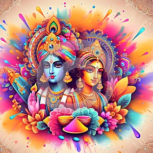 Lord Krishna and Radha symbol of love Colorful powder explosion for Holi festival celebration