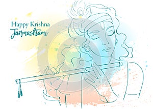 Lord Krishna vector Illustration. Happy Janmashtami, annual Hindu festival greetings. Line art portrait