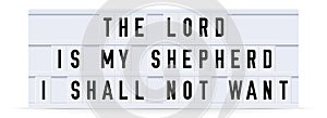 THE LORD IS MY SHEPHERD text in a vintage light box. Vector illustration