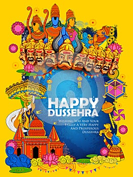 Lord Ram, Sita, Laxmana, Hanuman and Ravana in Dussehra Navratri festival of India poster