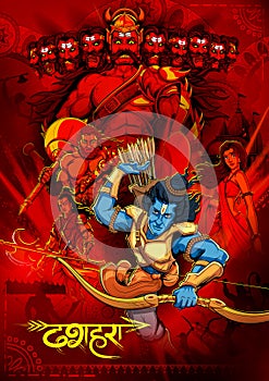 Lord Rama with bow arrow killing Ravan in Dussehra Navratri festival of India poster