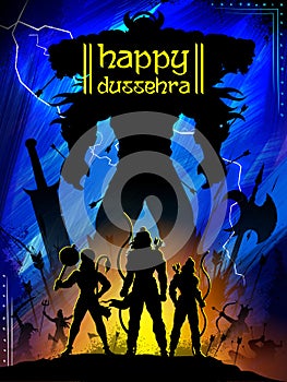 Lord Rama with bow arrow killing Ravan in Dussehra Navratri festival of India poster