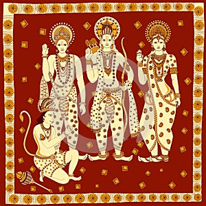 Lord Rama, Laxmana, Sita with Hanuma background