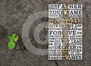 The Lord`s Prayer. Wooden carved word of the Lord`s Prayer on the ground background with a green plant.