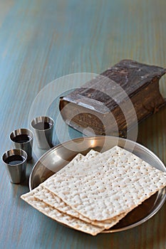 The Lord`s Supper with bread, wine and bible