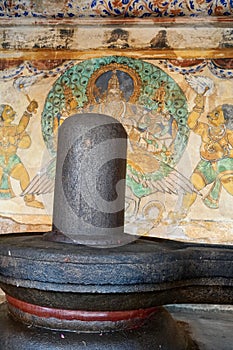 Lord shiva linga statue with Fresco Mural Thanjavur paintings in historical Brihadeeswarar temple in Thanjavur, Tamilnadu.