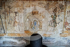 Lord shiva linga statue with Fresco Mural Thanjavur paintings in historical Brihadeeswarar temple in Thanjavur, Tamilnadu.