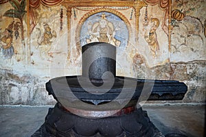 Lord shiva linga statue with Fresco Mural Thanjavur paintings in historical Brihadeeswarar temple in Thanjavur, Tamilnadu.