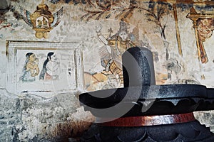 Lord shiva linga statue with Fresco Mural Thanjavur paintings in historical Brihadeeswarar temple in Thanjavur, Tamilnadu.