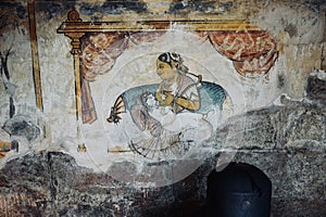 Lord shiva linga statue with Fresco Mural Thanjavur paintings in historical Brihadeeswarar temple in Thanjavur, Tamilnadu.