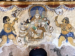 Lord shiva linga statue with unique Thanjavur paintings in historical Brihadeeswarar temple in Thanjavur, Tamilnadu.