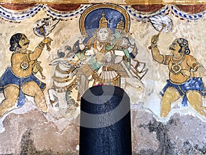 Lord shiva linga statue with unique Thanjavur paintings in historical Brihadeeswarar temple in Thanjavur, Tamilnadu.