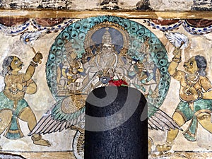 Lord shiva linga statue with unique Thanjavur paintings in historical Brihadeeswarar temple in Thanjavur, Tamilnadu.