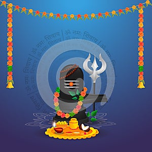 Lord Shiva Lingam Statue with Rudraksha Mala, Bael Leaves, Flower Garland, Worship Plate and Trishul (Trident