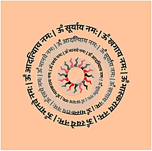 Lord Sun Mantra in Sanskrit with a sun icon. meaning `I praying to Surya bhaskaray, Ravaye, Khagay, Aadityay
