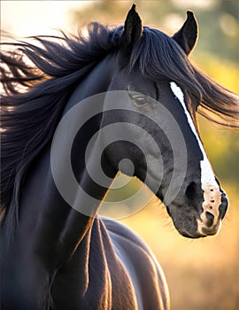 Lordly horse with waving mane in the backlight, ai generated