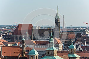 Lorenz church and the old town of Nuremberg with blue sky