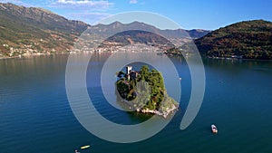 Loreto - small beautiful islnad, Iseo lake, Italy, aerial video
