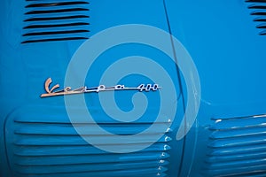 Loriol sur Drome, France - 17 September, 2022: Blue Vespa 400 - a microcar produced by the French company in the years 1957-1961.