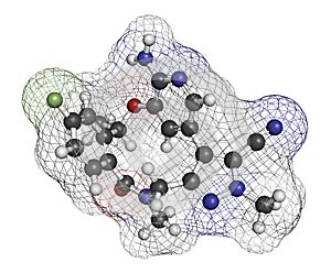 Lorlatinib cancer drug molecule. 3D rendering. Atoms are represented as spheres with conventional color coding: hydrogen white,.