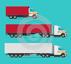 Lorry or cargo truck and delivery automobiles or vehicle with container boxes vector set, flat cartoon freight industry