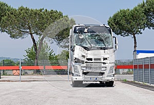 The lorry crashed windshield. Broken truck. Camion after the accident.