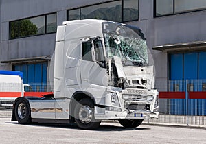 The lorry crashed windshield. Broken truck. Camion after the accident. photo