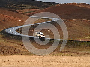 Lorry descending by windy road