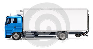 Lorry with isothermal van, side view. 3D rendering