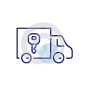 Lorry with key on it. Truck rental and moving houses services. Pixel perfect, editable stroke icon