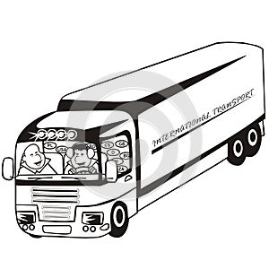 Lorry, men at cabin, silhouette, vector icon, illustration