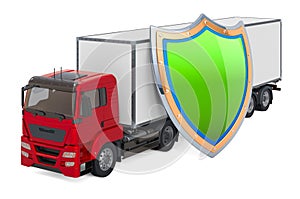 Lorry truck with shield, insurance and protect freight transportation concept. 3D rendering