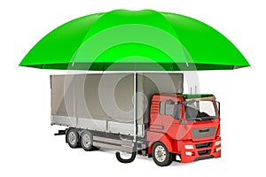 Lorry truck under umbrella, insurance and protect freight transportation concept. 3D rendering