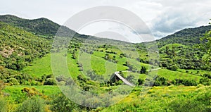 Mountain road and bridge over the Guadiaro river near El Colmenar. Los Alcornocales Natural Park Andalusia Spain photo