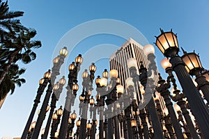 LOS ANGELES, CA - April 25, 2016: 'Urban Light' is a large-scale assemblage sculpture by Chris Burden at the LACMA