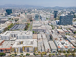 Los Angeles, CA, LA County, June 2, 2021: Aerial View of LA Koreatown with Wilshire Blvd, Vermont St, 7th St around Bullocks, hist photo