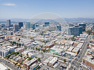 Los Angeles, CA, LA County, June 2, 2021: Aerial View of LA Koreatown with Wilshire Blvd, Vermont St, 7th St around Bullocks, hist photo