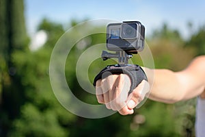 LOS ANGELES, CA - November 4: Woman Wearing A GoPro HERO5 Black On Wrist Strap November 4, 2016.