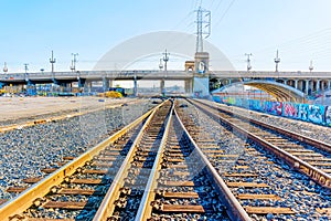 Los Angeles, California - January 21, 2023: Railroad tracks and the 1st Street Bridge