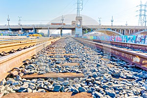 Los Angeles, California - January 21, 2023: 1st Street Viaduct and railroad tracks