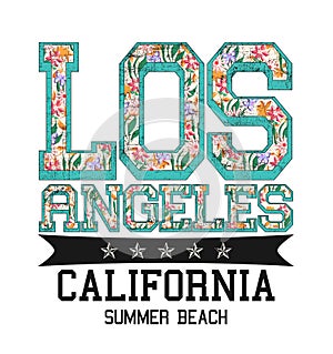 `Los Angeles, California, summer beach` typography, tee shirt printing