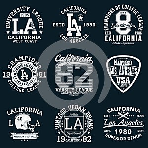 Los Angeles, California typography. Set of athletic print for t-shirt design. Graphics for sport apparel. Collection of tee shirt.