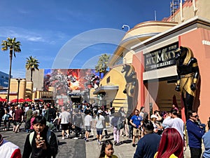 A view on a busy and crowded day near the Mummy and Transformers ride in Universal Studios, Los Angeles, California