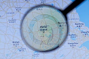 Los Angeles, California, USA - 1 May 2020: Hefei City Town name with location on map close up, Illustrative Editorial