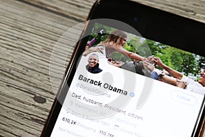 Los Angeles, California, USA - 18 December 2019: Barack Obama account on Twitter on phone screen, Illustrative Editorial