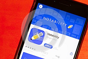 Los Angeles, California, USA - 22 January 2020: Notability logo on phone screen flat lay with red background, Illustrative