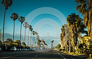 Scenic evening street in Santa Monica. A trip to Los Angeles, California, USA